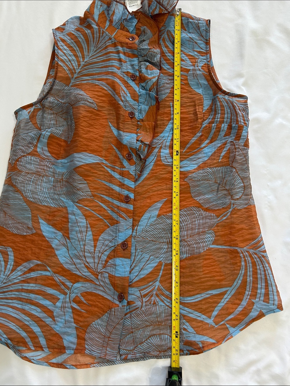 CAbi Rust & Sky Blue Ruffled Mock-Neck Botanical Shell - Picture 8 of 8